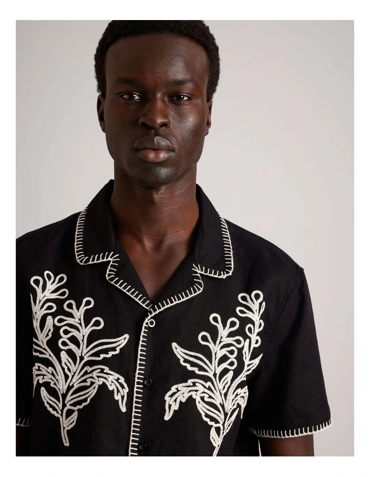 Gabriel Embriodered Short Sleeve Linen Blend Shirt in Black image 2