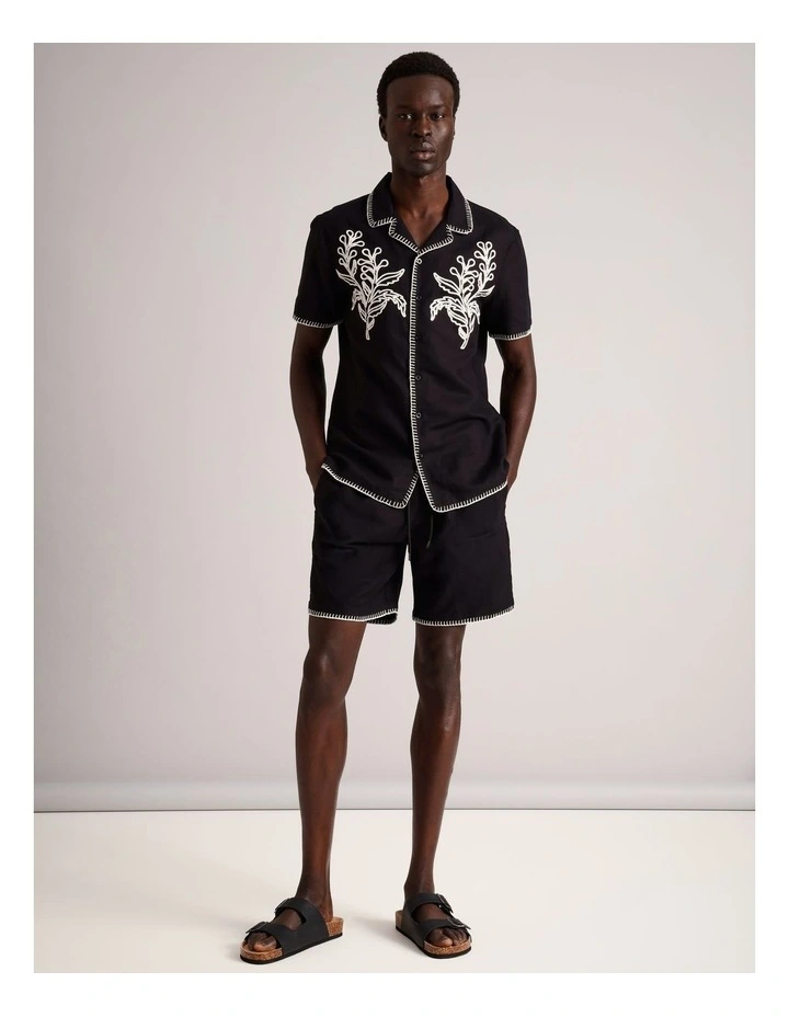 Gabriel Embriodered Short Sleeve Linen Blend Shirt in Black image 3