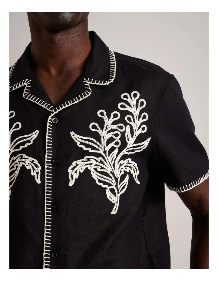 Gabriel Embriodered Short Sleeve Linen Blend Shirt in Black image 4