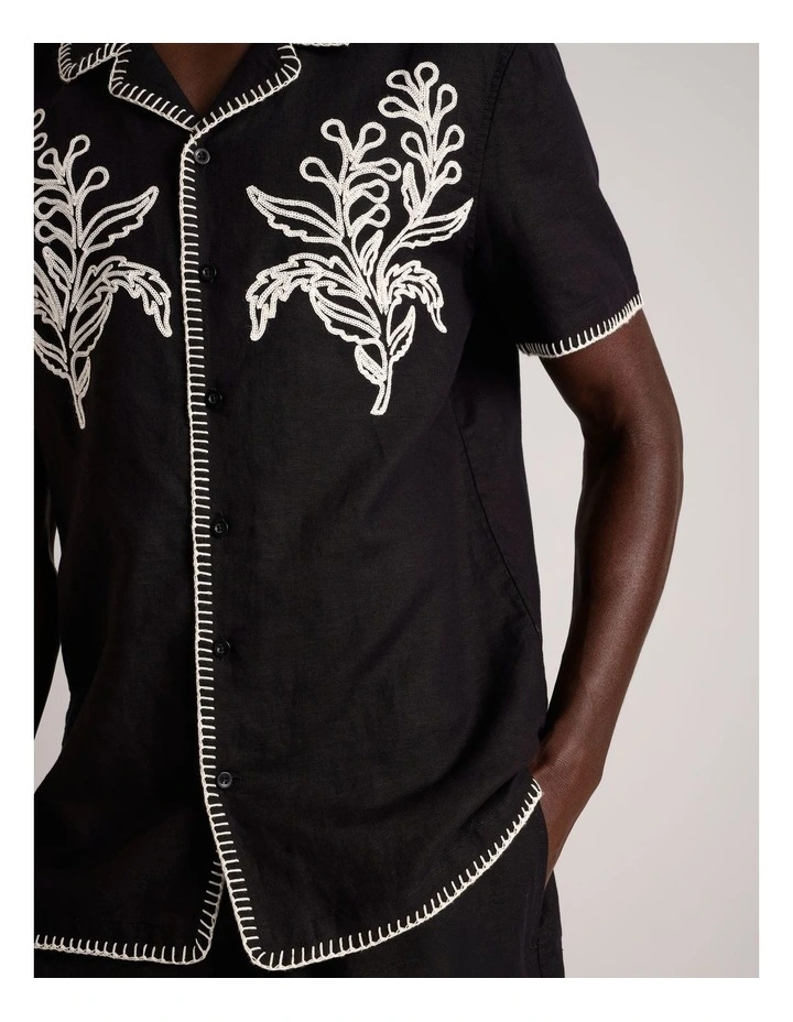 Gabriel Embriodered Short Sleeve Linen Blend Shirt in Black image 5