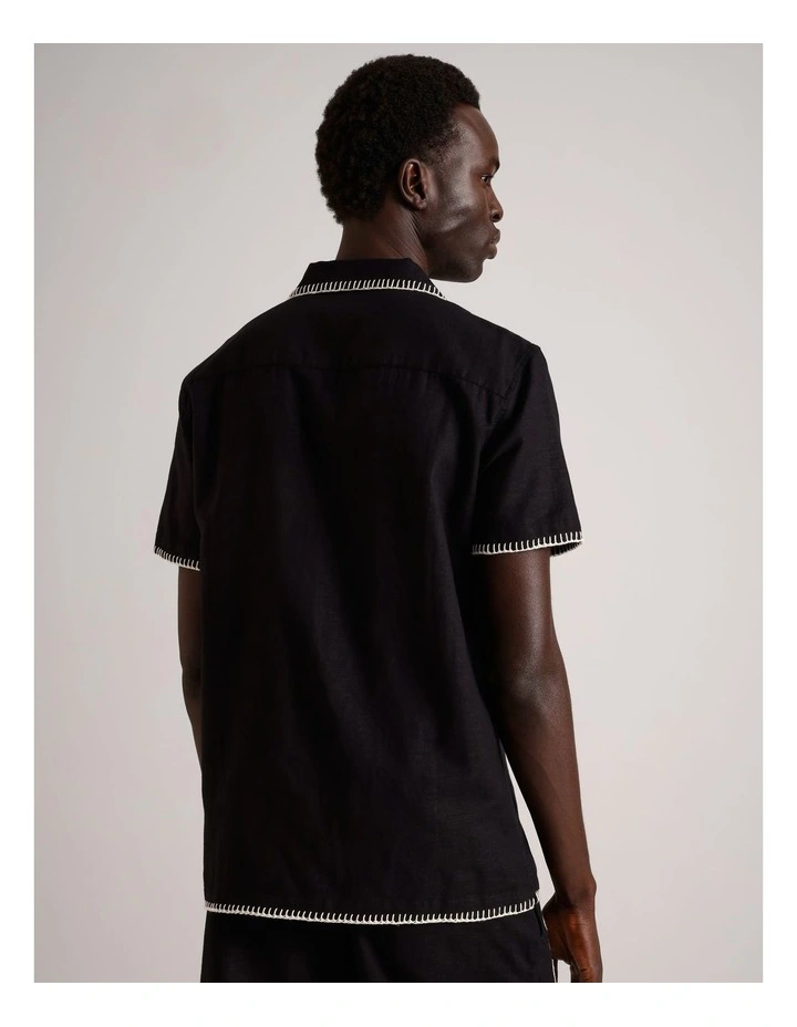 Gabriel Embriodered Short Sleeve Linen Blend Shirt in Black image 6