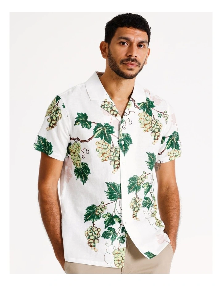 Bordeaux Abstract Print Short Sleeve Linen Blend Shirt in White image 1