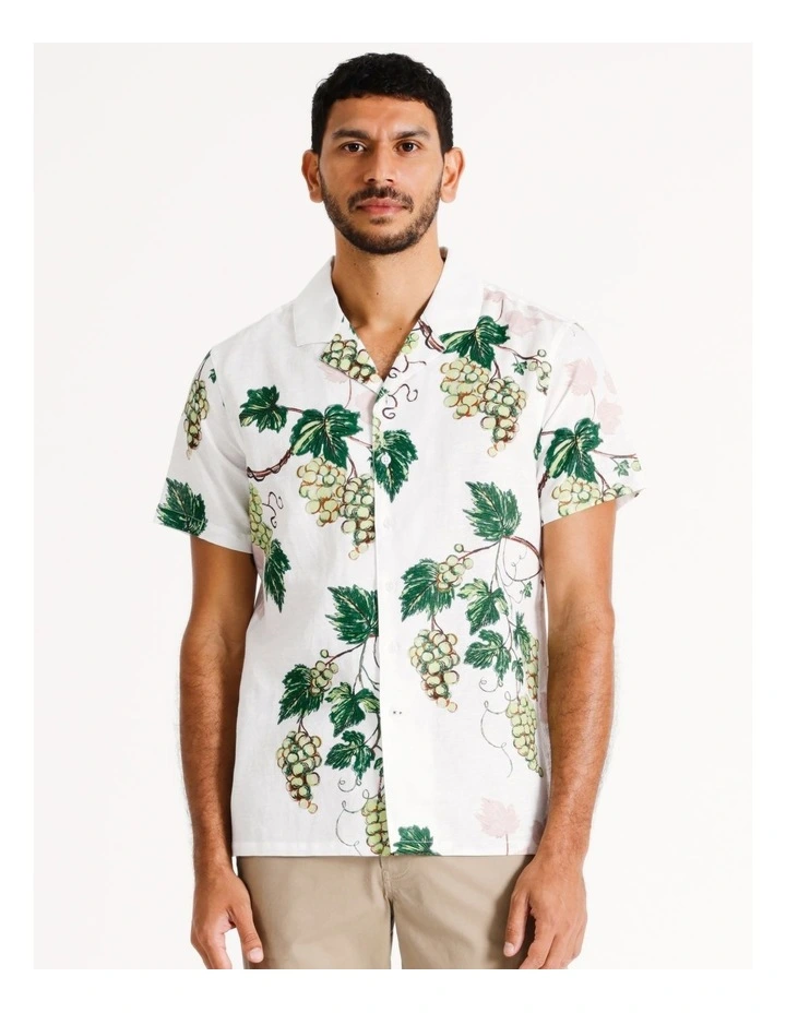 Bordeaux Abstract Print Short Sleeve Linen Blend Shirt in White image 4