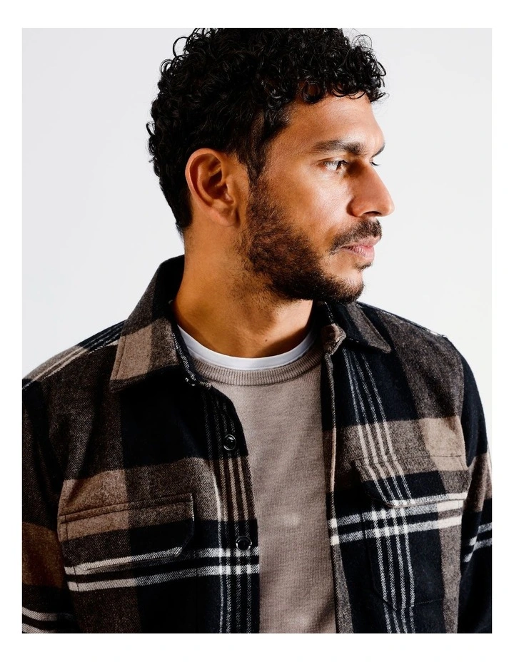 Alfie Check Long Sleeve Overshirt in Brown image 3