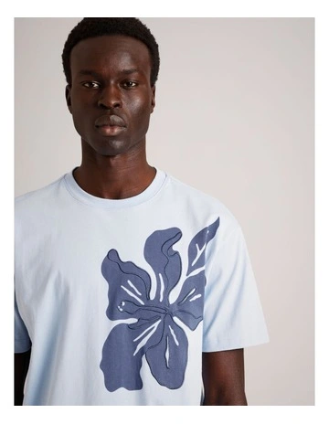 Carson Embroidered Print Short Sleeve T-Shirt in Light Blue