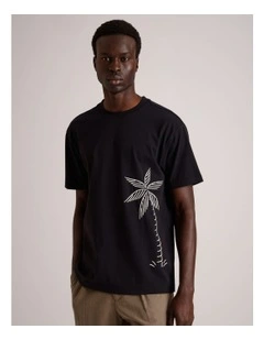 Leon Embroidered Print Short Sleeve T-Shirt in Black