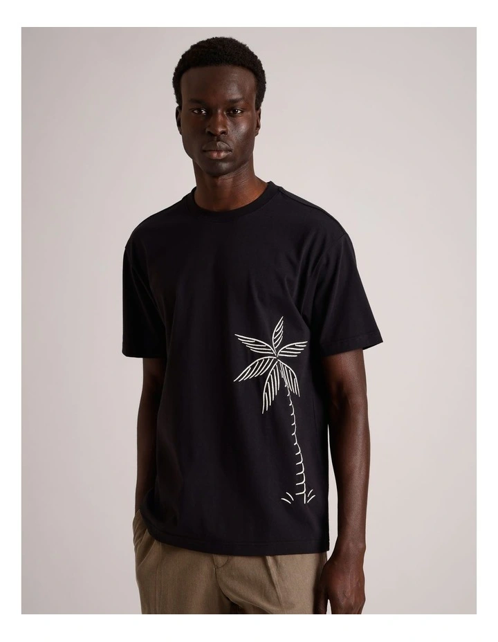 Leon Embroidered Print Short Sleeve T-Shirt in Black image 1