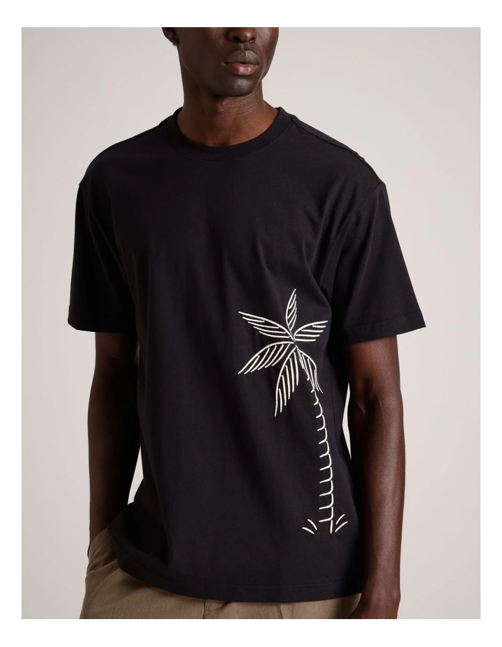 Leon Embroidered Print Short Sleeve T-Shirt in Black image 4