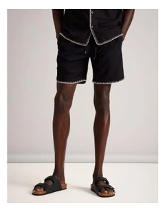 Alfie Embriodered Linen Short in Black