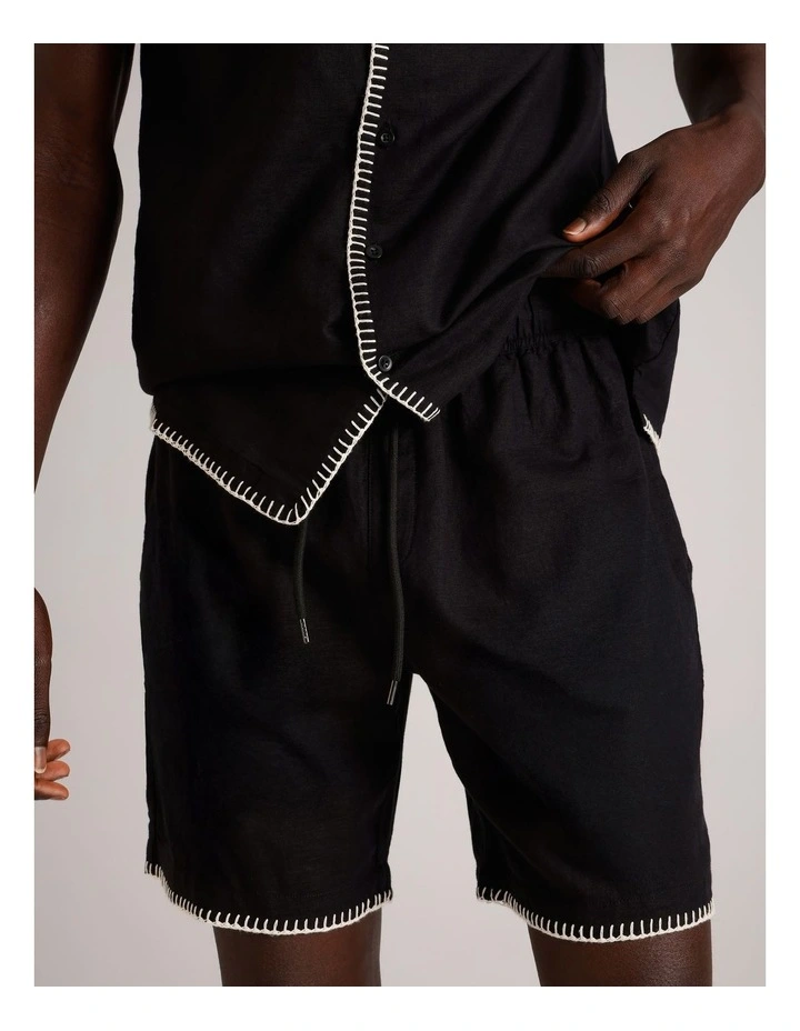 Alfie Embriodered Linen Short in Black image 3