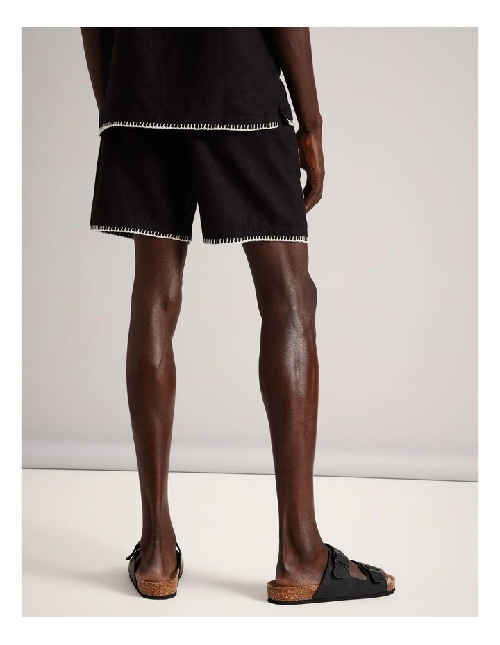 Alfie Embriodered Linen Short in Black image 4