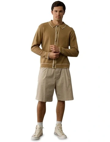 Long-Sleeve Tipped Waffle Sweater Polo Shirt in Light Brown