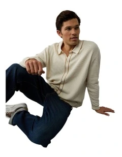 Long-Sleeve Tipped Waffle Sweater Polo Shirt in Frosty Cream