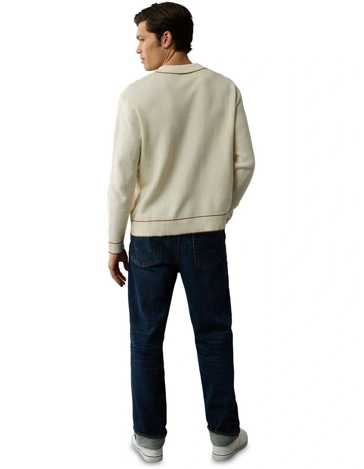 Long-Sleeve Tipped Waffle Sweater Polo Shirt in Frosty Cream image 2