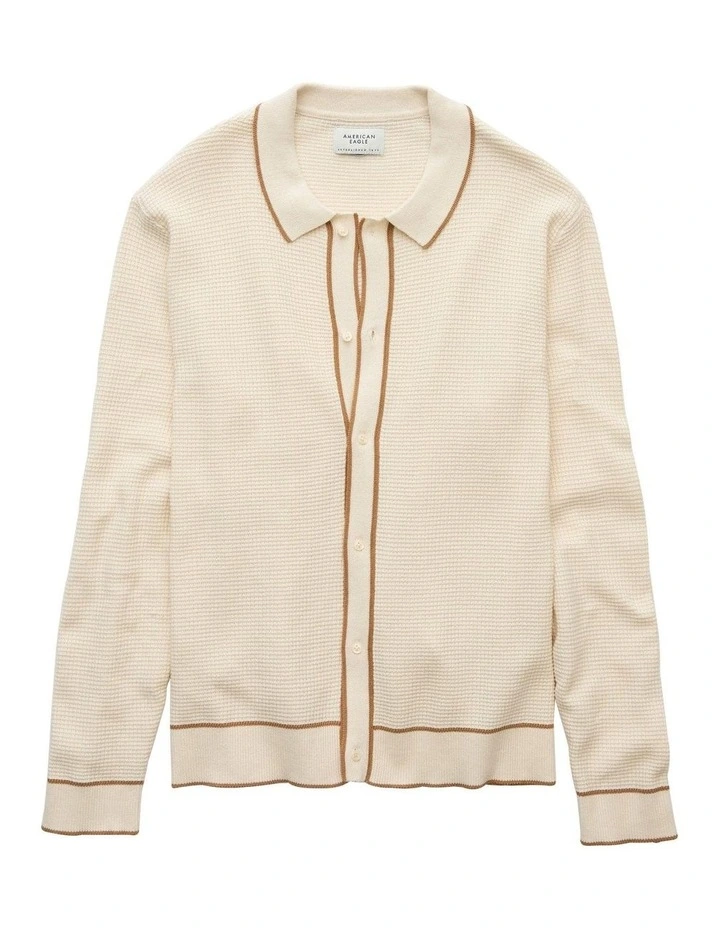 Long-Sleeve Tipped Waffle Sweater Polo Shirt in Frosty Cream image 3