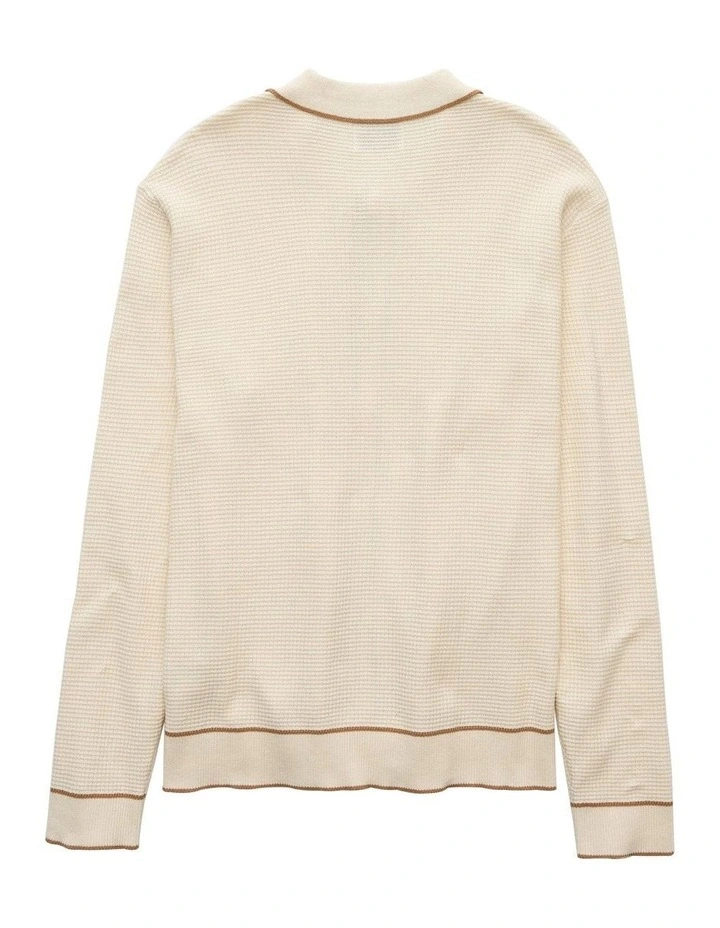 Long-Sleeve Tipped Waffle Sweater Polo Shirt in Frosty Cream image 4