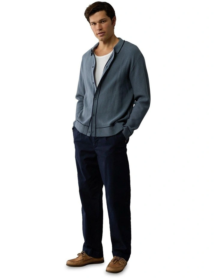 Long-Sleeve Tipped Waffle Sweater Polo Shirt in Night Time Navy image 1