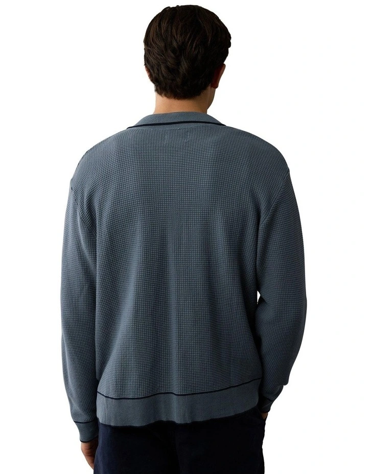 Long-Sleeve Tipped Waffle Sweater Polo Shirt in Night Time Navy image 2