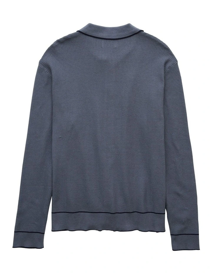 Long-Sleeve Tipped Waffle Sweater Polo Shirt in Night Time Navy image 4