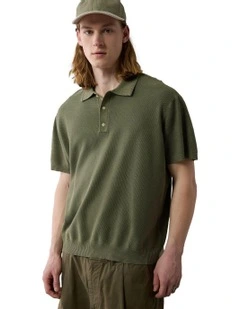 Weekend Washed Sweater Polo Shirt in Olive
