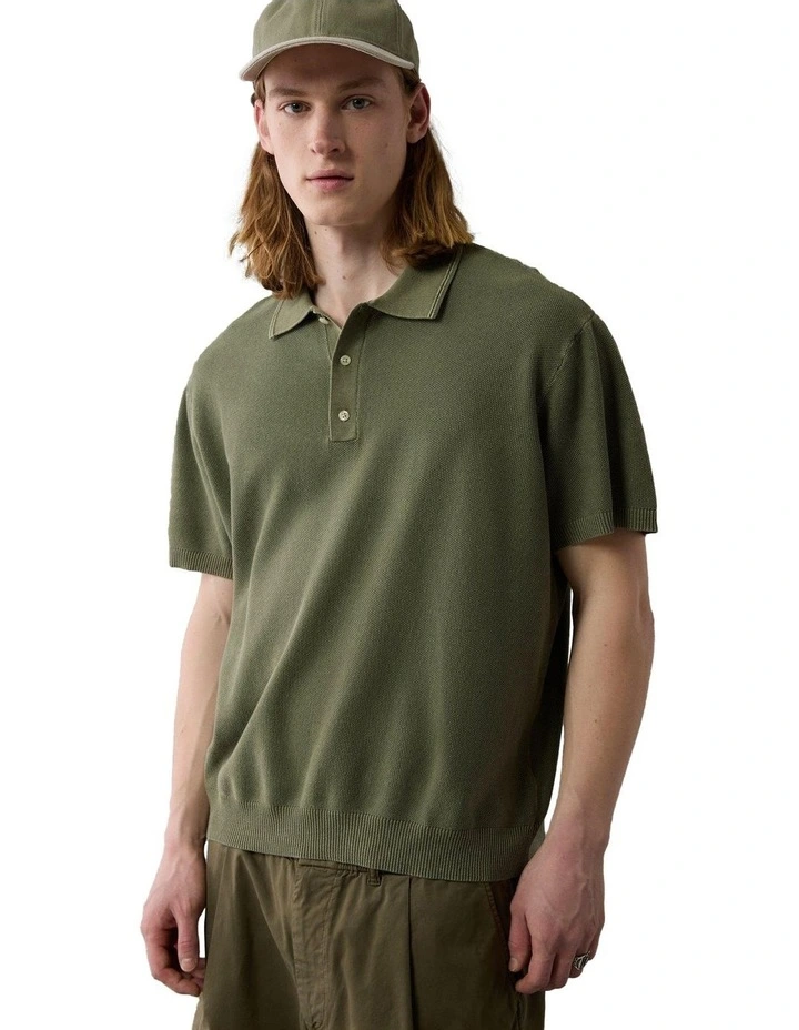 Weekend Washed Sweater Polo Shirt in Olive image 1