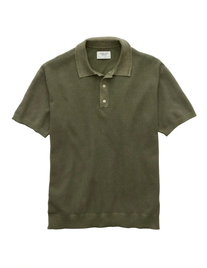 Weekend Washed Sweater Polo Shirt in Olive image 3