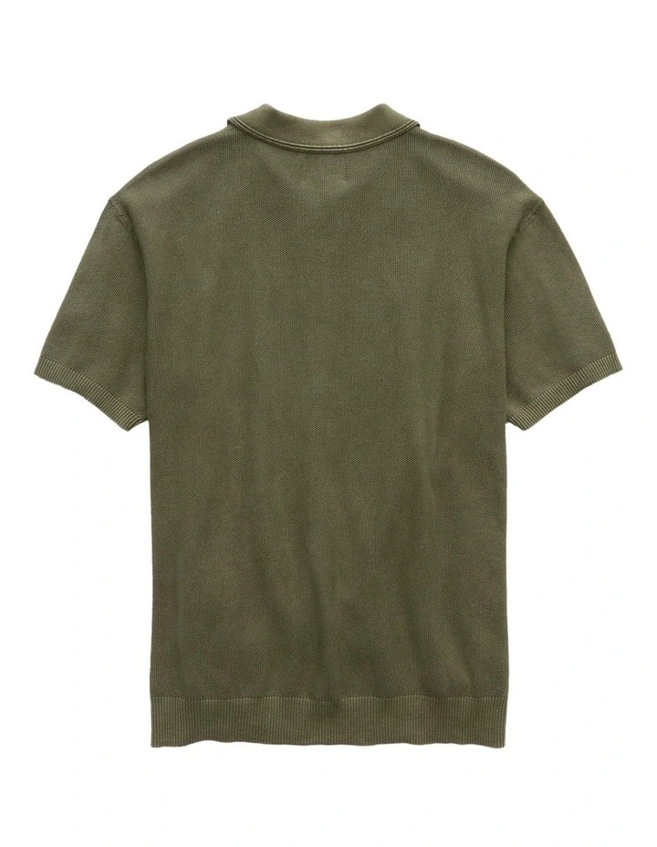 Weekend Washed Sweater Polo Shirt in Olive image 4