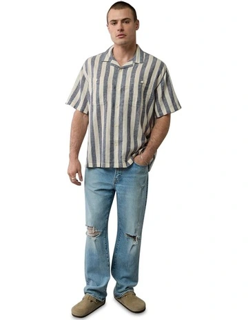Linen-Blend Striped Button-Up Poolside Shirt in Glacier Gray