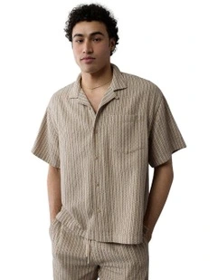 Poolside Striped Button-Up Shirt in Dune Khaki