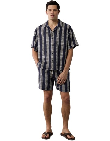 Poolside Textured Striped Button-Up Shirt in Navy