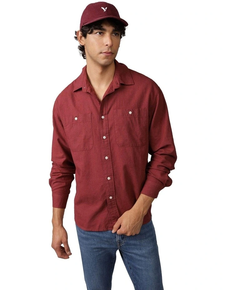 Long Sleeve Relaxed Fit Linen Shirt in Red image 1
