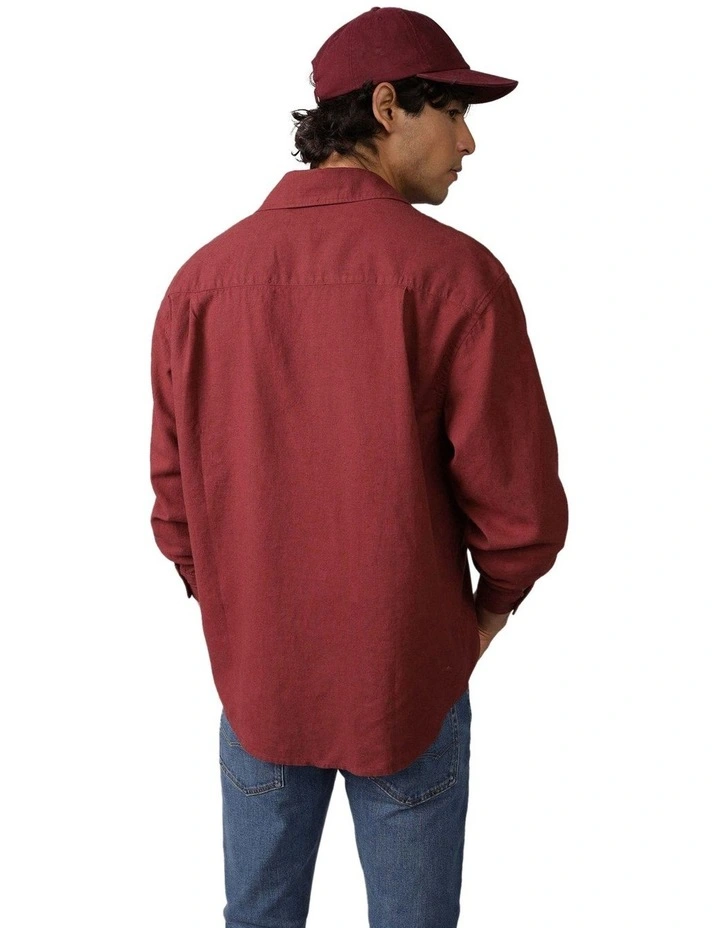 Long Sleeve Relaxed Fit Linen Shirt in Red image 2