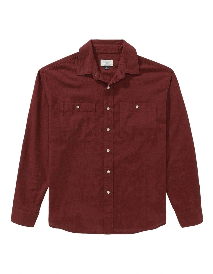 Long Sleeve Relaxed Fit Linen Shirt in Red image 3