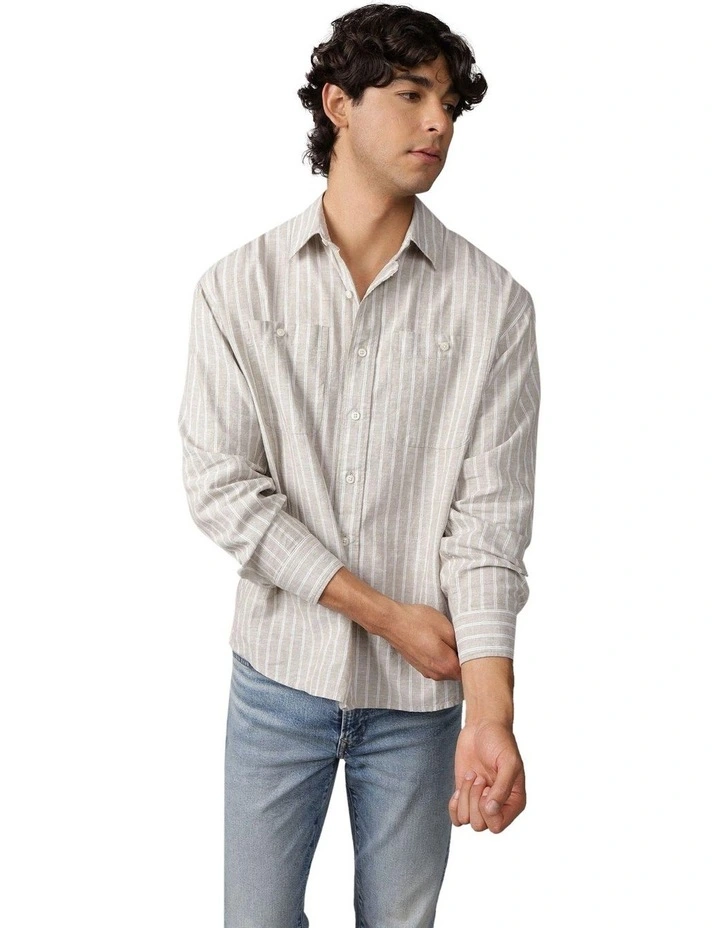 Long Sleeve Relaxed Fit Linen Shirt in Stone image 1