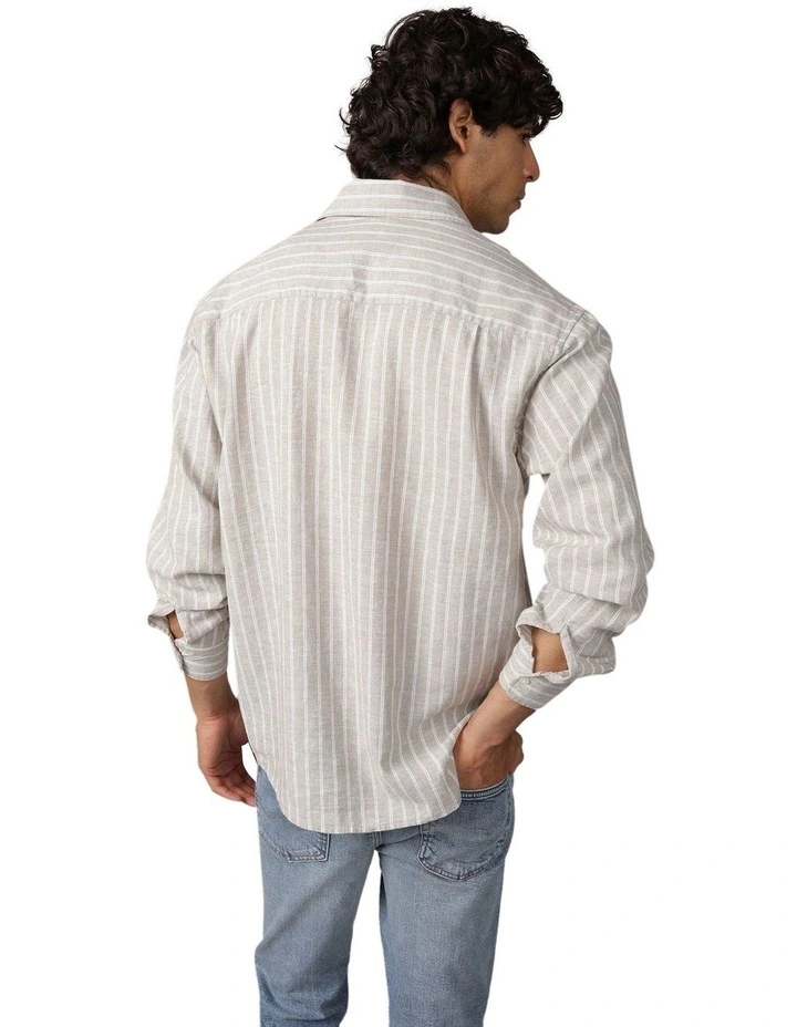 Long Sleeve Relaxed Fit Linen Shirt in Stone image 2