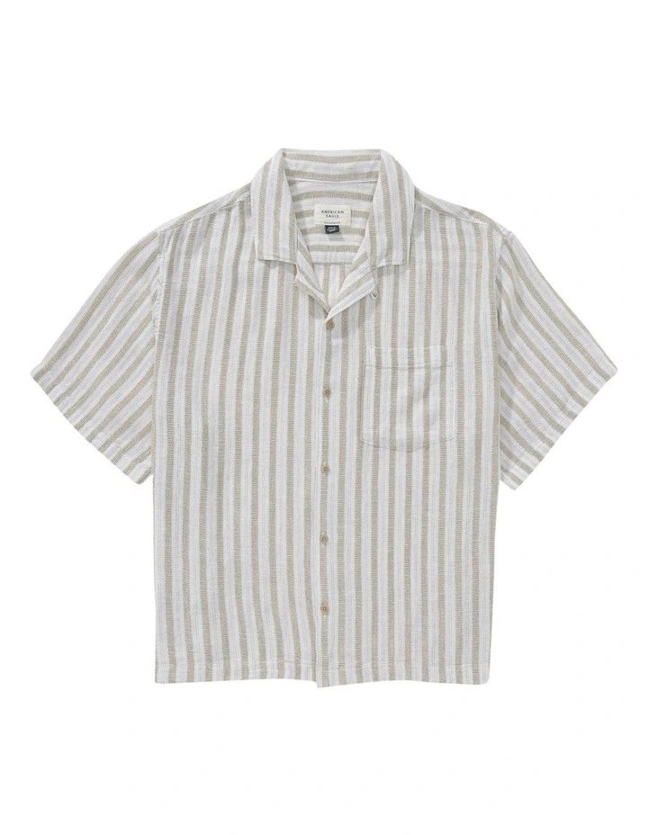 Poolside Linen-Blend Striped Button-Up Shirt in Cream image 3