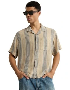 Poolside Linen-Blend Striped Button-Up Shirt in Light Khaki