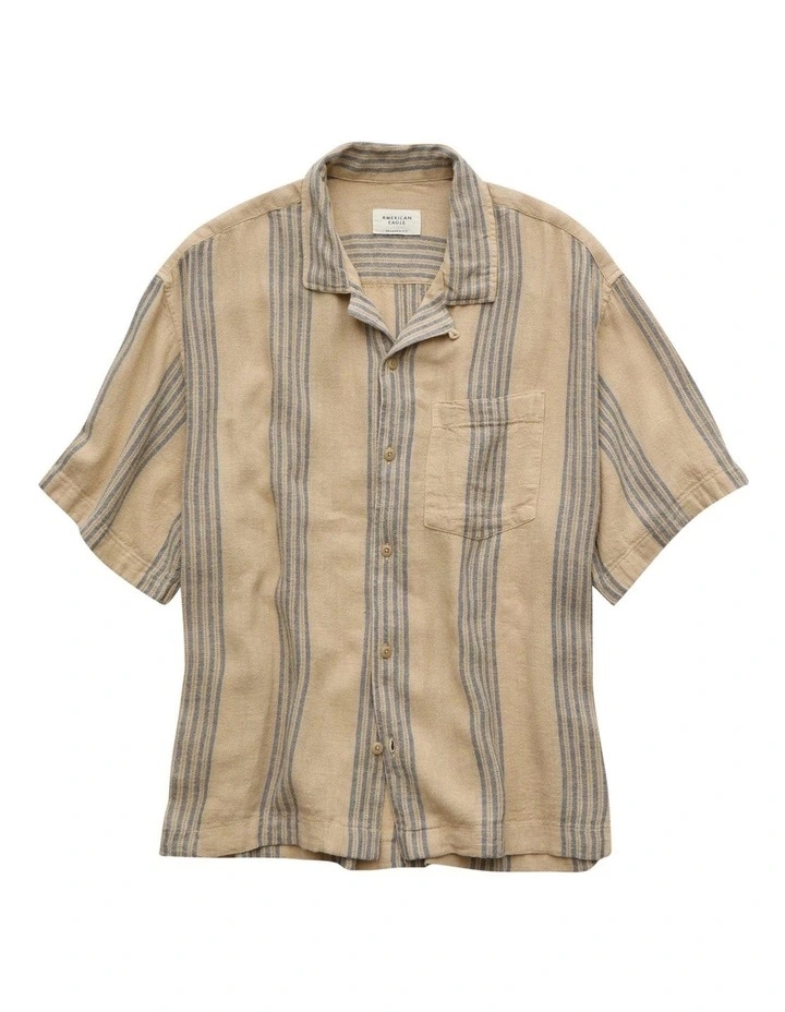 Poolside Linen-Blend Striped Button-Up Shirt in Light Khaki image 3