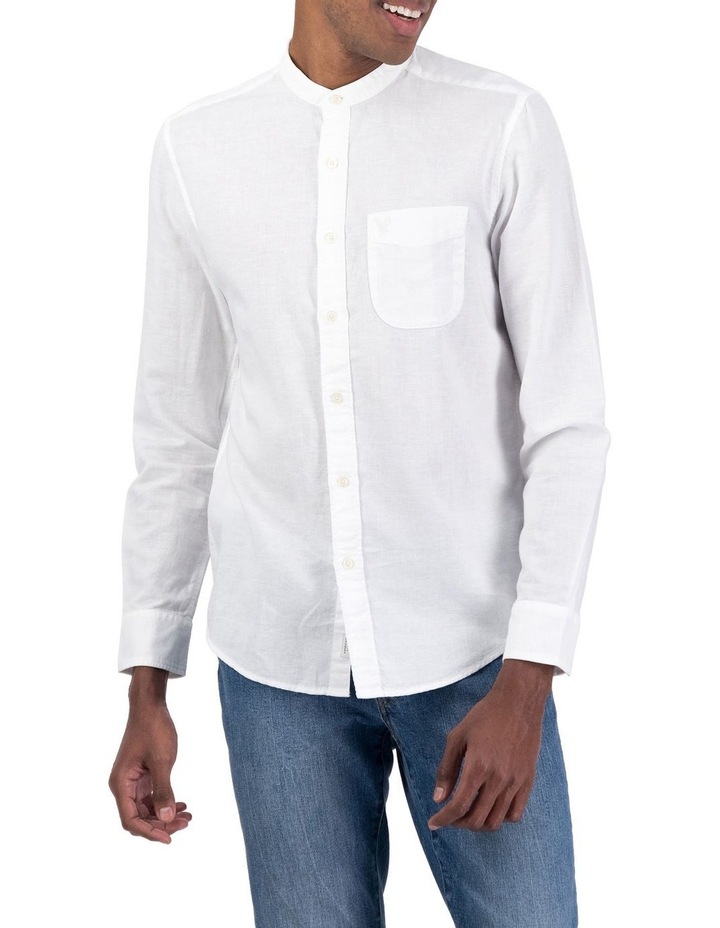 Linen Band Collar Button-Up Shirt in