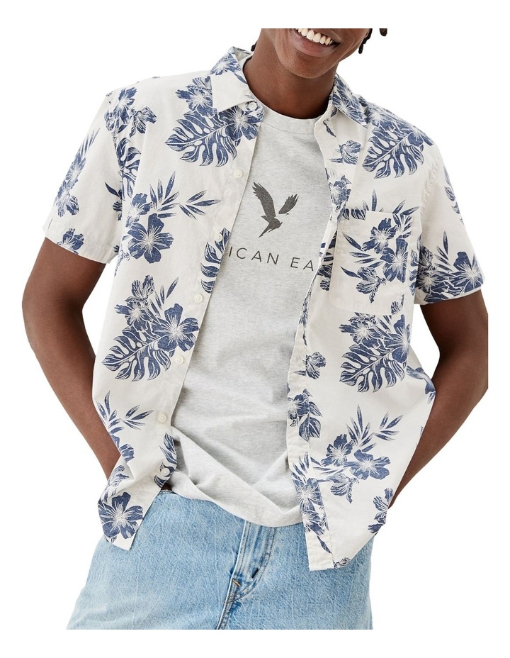 Tropical Button-Up Resort Shirt in White/Blue