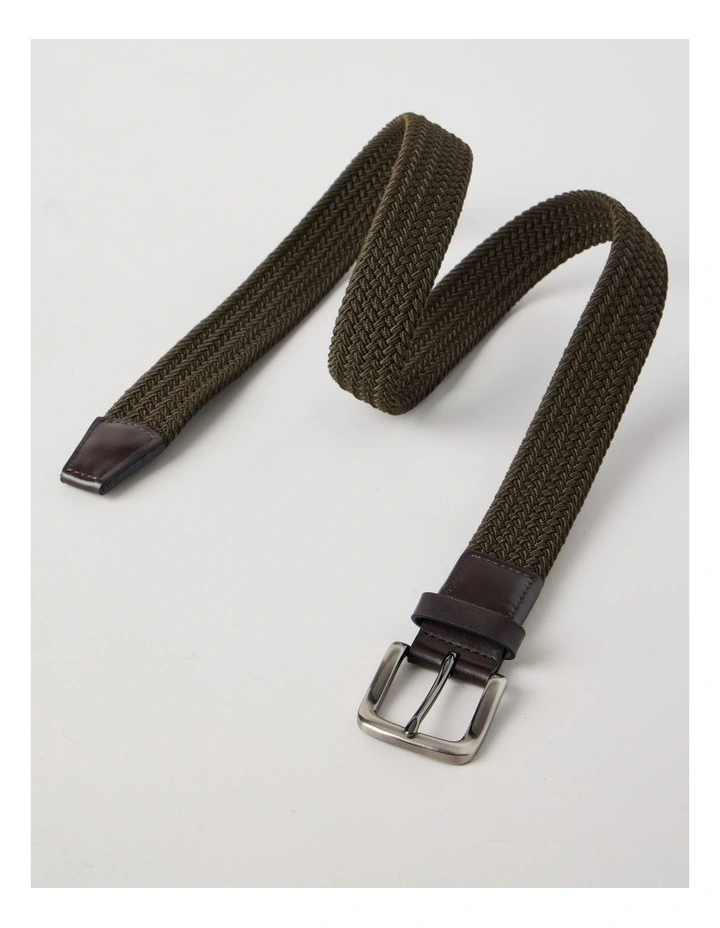 Woven Casual Belt Olive With Brown Leather Trim Belt Olive image 2