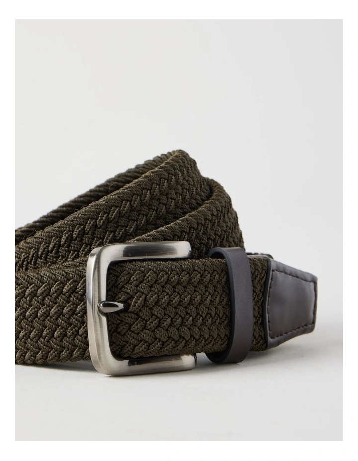 Woven Casual Belt Olive With Brown Leather Trim Belt Olive image 3