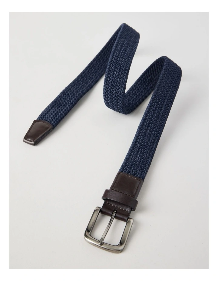 Woven Casual Belt Navy With Brown Leather Trim Belt Navy image 2