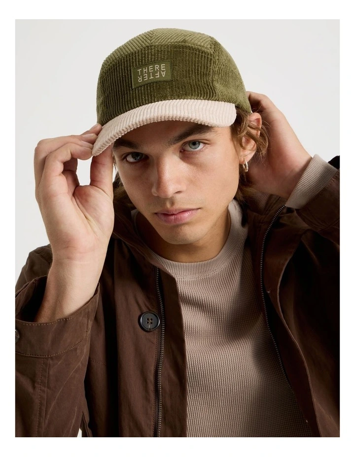 Chunky Cord 5 Panel Cap Hat in Khaki and Stone image 2