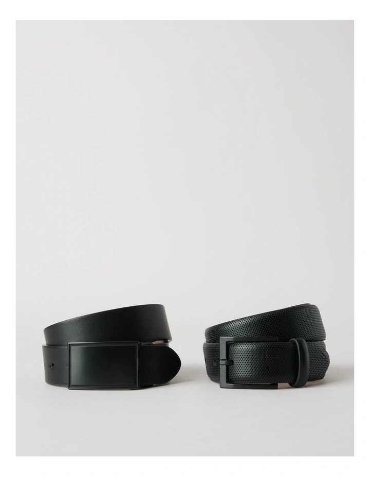 Debossed Dress and Plate Buckle Belt in Black 2 Pack image 1