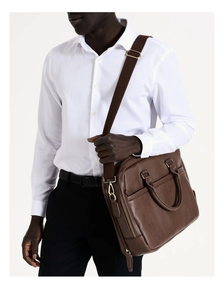 Pebbled PU Tech Briefcase in Brown image 2