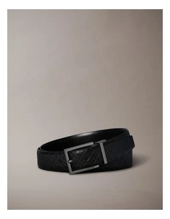 Leather Allover Embossed Logo Belt in Matte Gunmetal