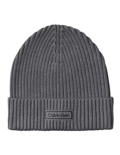Patch Chunky Rib Cotton Beanie Hat in Iron Gate