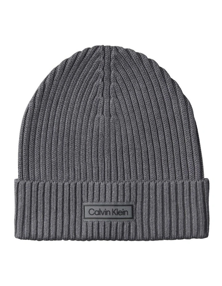 Patch Chunky Rib Cotton Beanie Hat in Iron Gate image 1