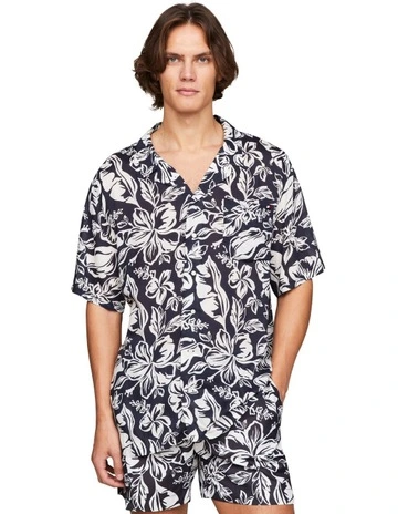 Essential Print Sleeve Bowling Shirt in White